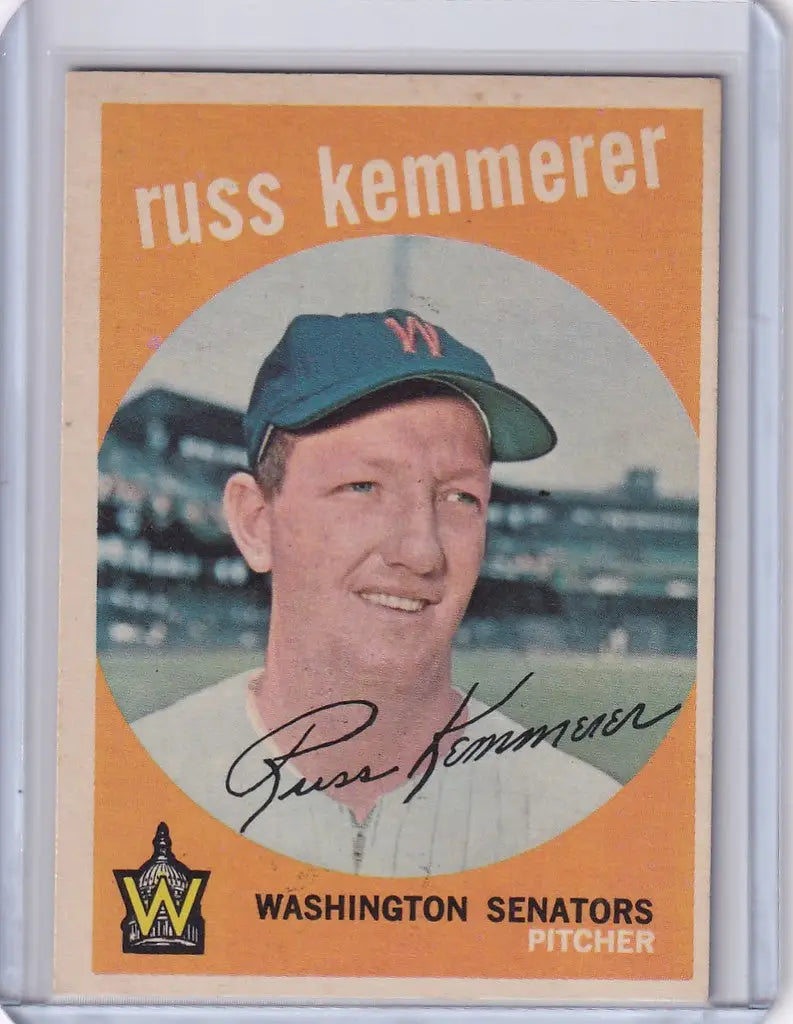 Vintage Topps Baseball card of Russ Kemmerer, Washington Senators pitcher from 1959