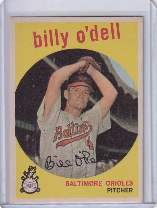 Vintage Topps baseball card of Billy O’Dell pitching for Baltimore Orioles