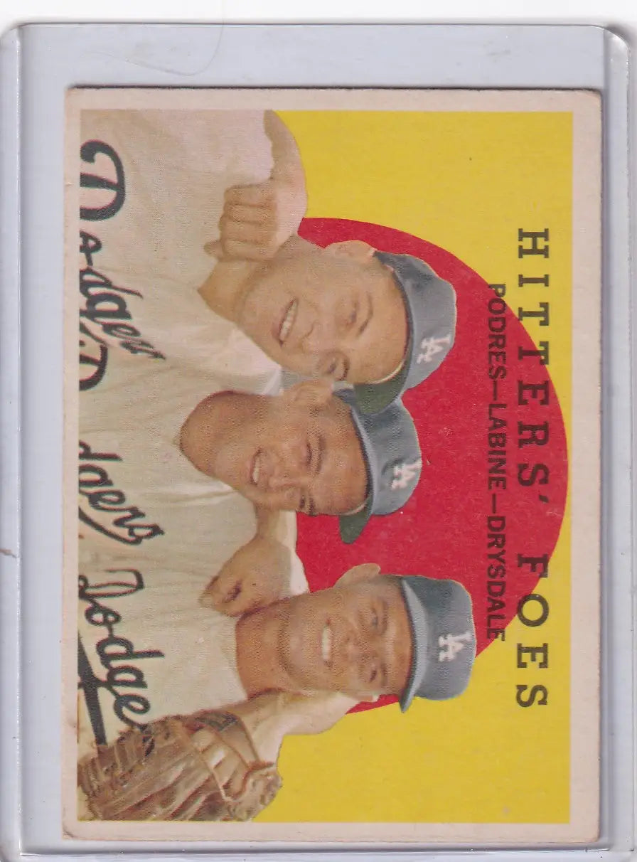 Vintage baseball card of 1959 Topps featuring Johnny Podres, Clem Labine, and Don Drysdale