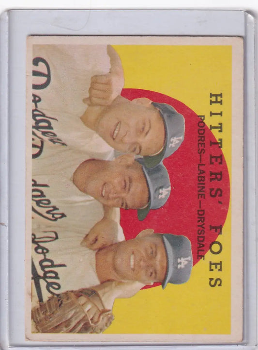 Vintage baseball card of 1959 Topps featuring Johnny Podres, Clem Labine, and Don Drysdale