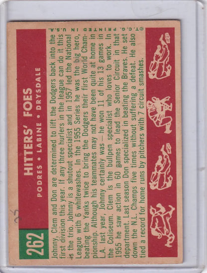 Vintage baseball card back featuring Johnny Podres, Clem Labine, and Don Drysdale