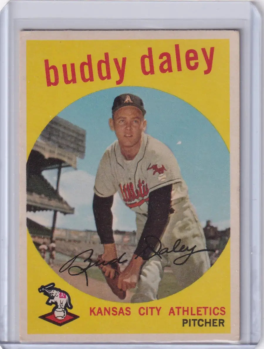 Vintage 1959 Topps Baseball card of Bud Daley from the Kansas City Athletics