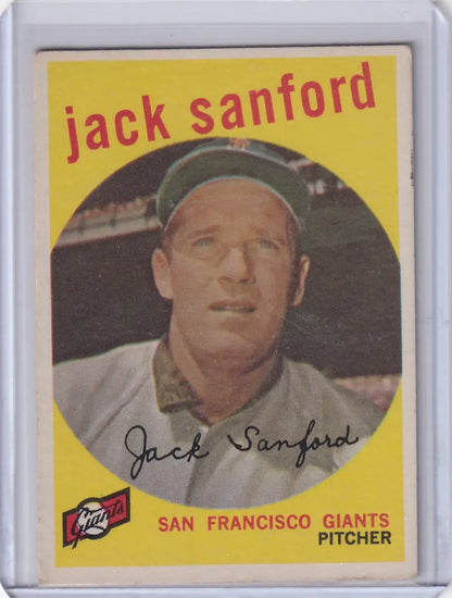Vintage San Francisco Giants Jack Sanford 1959 Topps Baseball card in protective sleeve
