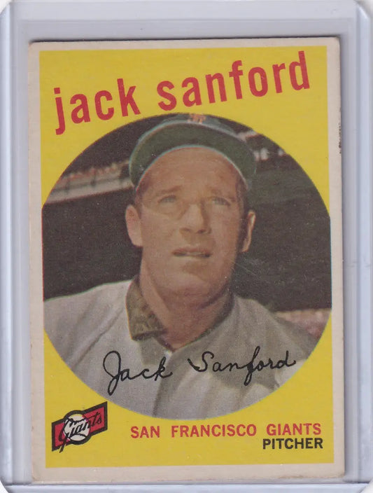 Vintage San Francisco Giants Jack Sanford 1959 Topps Baseball card in protective sleeve