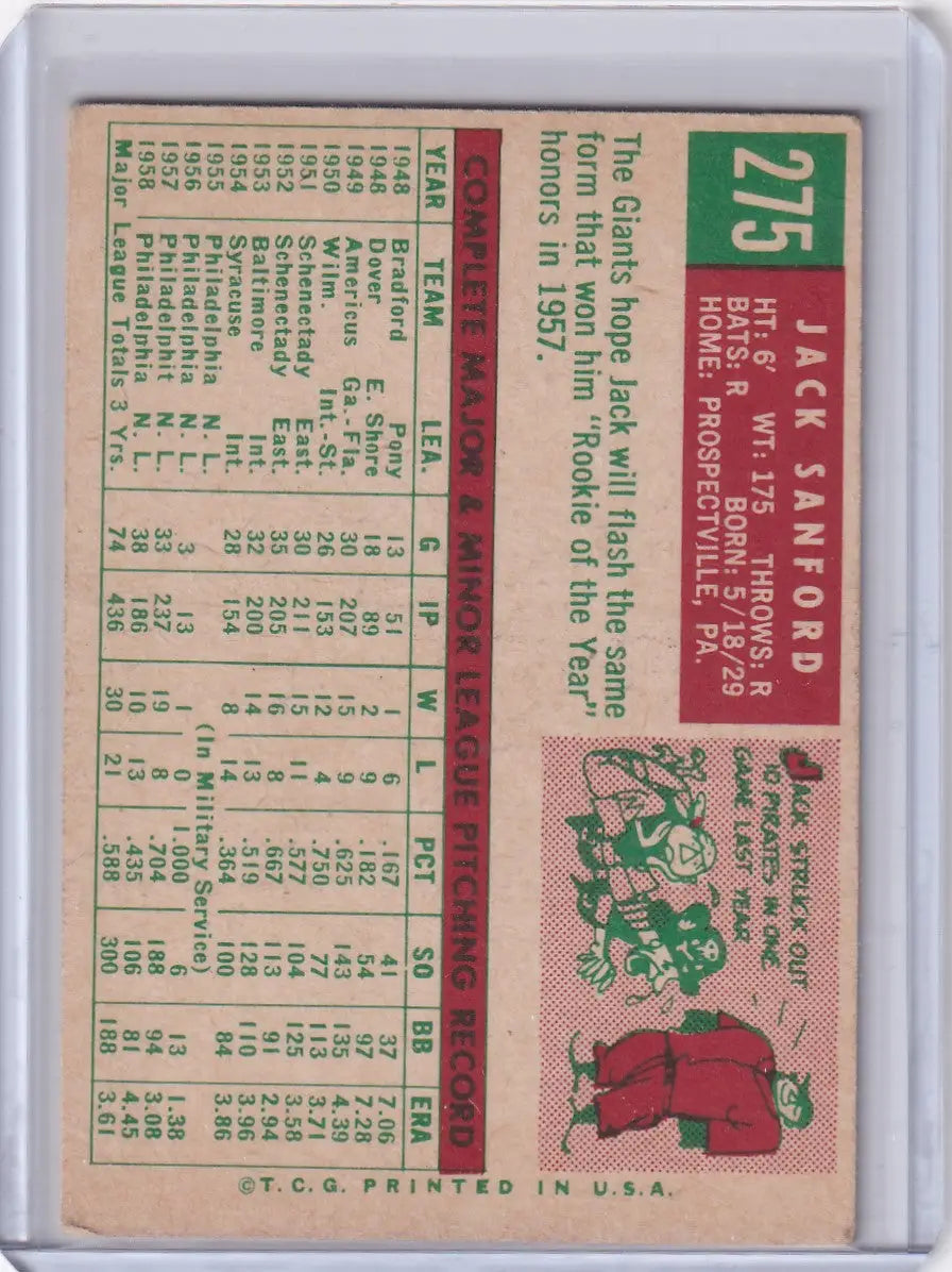 Vintage 1959 Topps Baseball card of Jack Sanford of the San Francisco Giants