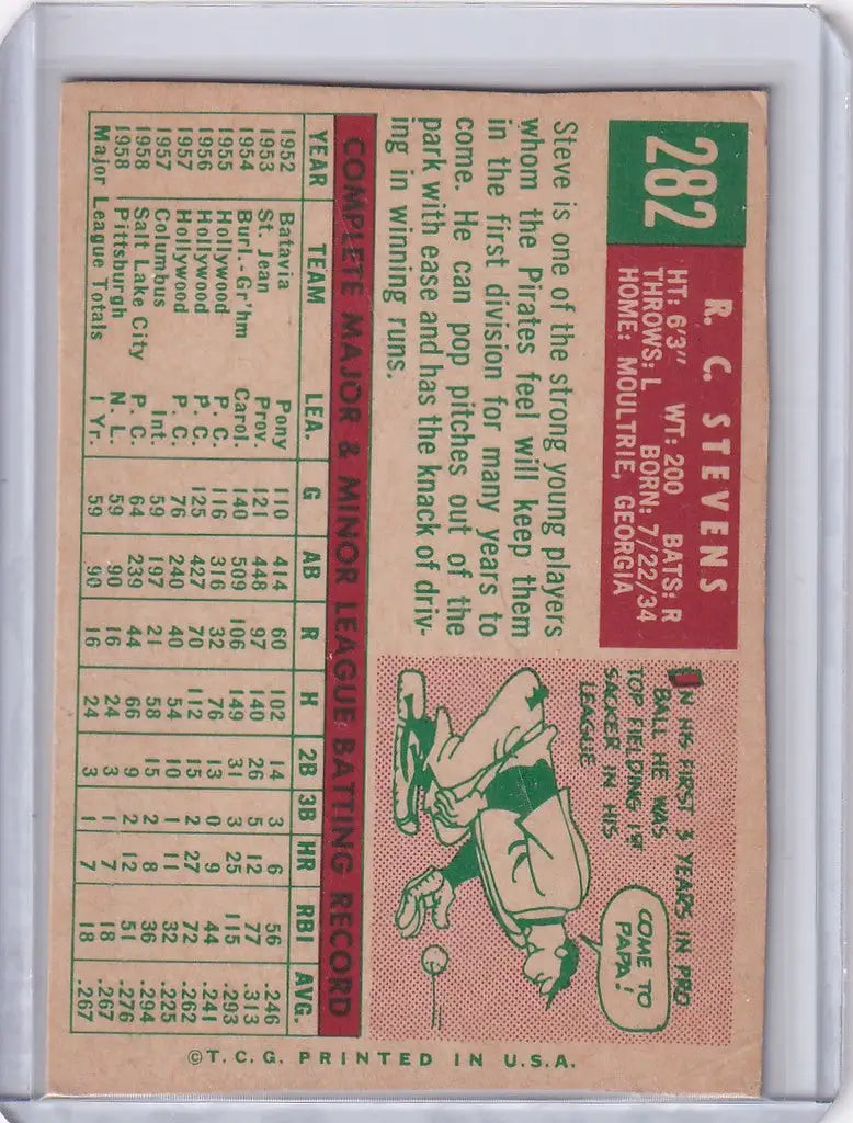 Vintage Topps Baseball card featuring R.C. Stevens statistics and illustration for Pittsburgh Pirates