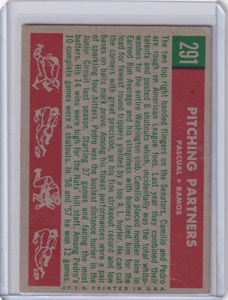 Back of 1959 Topps Baseball card featuring Pedro Ramos and Camilo Pascual with illustrations