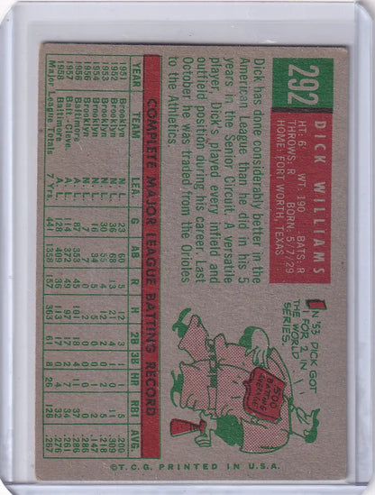 Vintage 1959 Topps Baseball card of Dick Williams Kansas City Athletics collectible