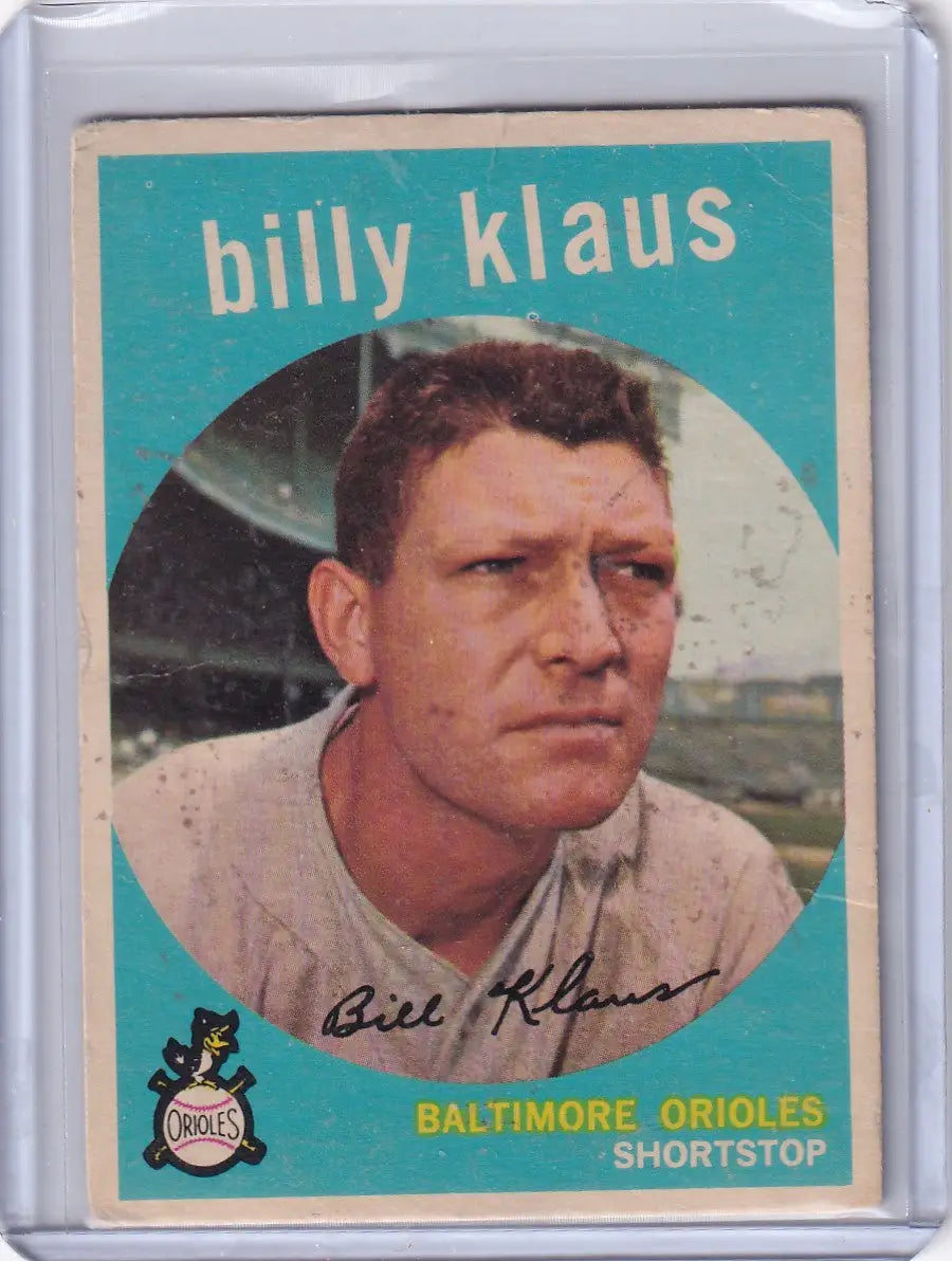 Vintage Billy Klaus Topps Baseball card featuring the Baltimore Orioles from 1959