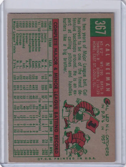 Vintage 1959 Topps Baseball card of Cal Neeman featuring Chicago Cubs player stats