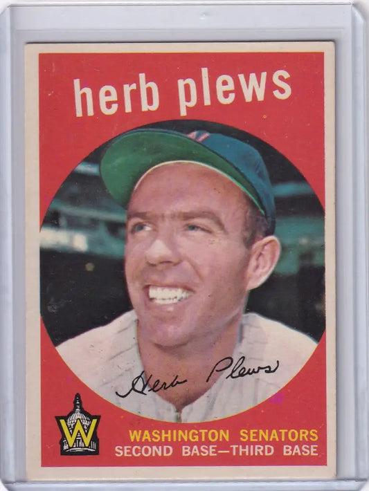 Vintage 1959 Topps Baseball card of Herb Plews from the Washington Senators smiling