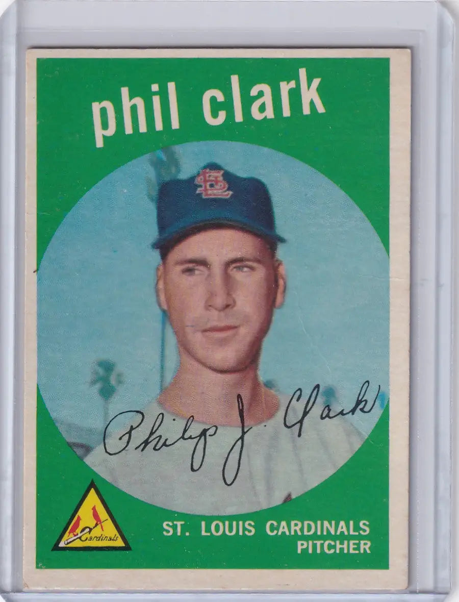 Vintage 1959 Topps Baseball card of Phil Clark, St. Louis Cardinals pitcher, green border