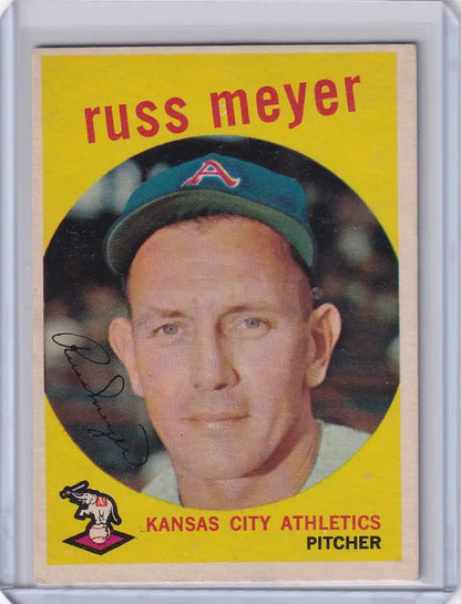Baseball card of Russ Meyer from 1959 Topps Baseball, Kansas City Athletics pitcher