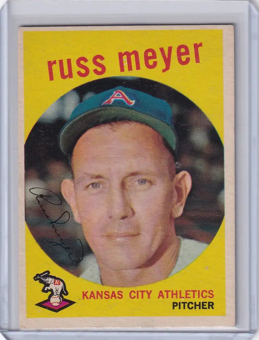 Baseball card of Russ Meyer from 1959 Topps Baseball, Kansas City Athletics pitcher