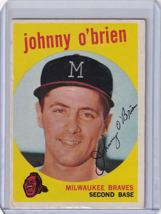 Vintage Topps Baseball card of O’Brien - Milwaukee Braves with M logo cap