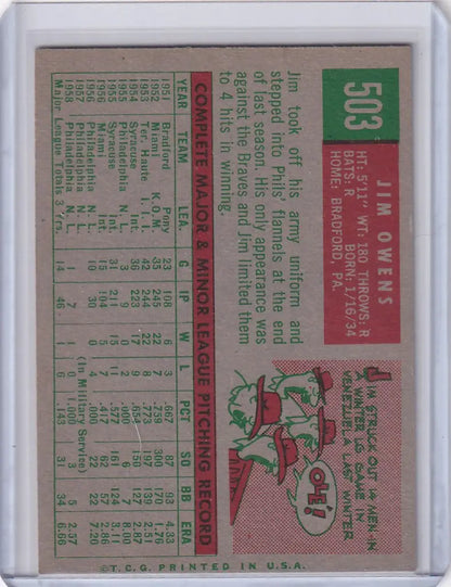 Vintage 1959 Topps Baseball card of Jim Owens from the Philadelphia Phillies