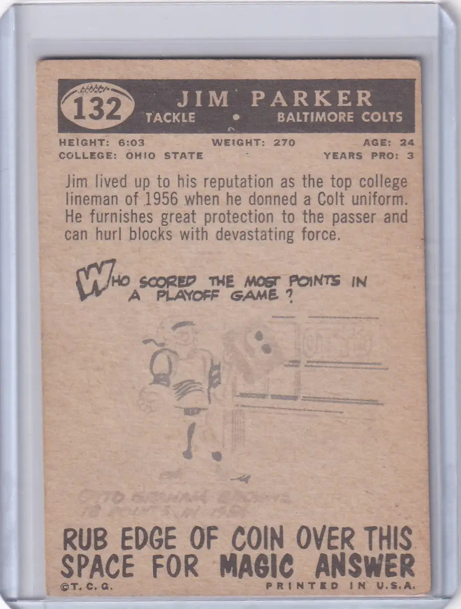 Vintage 1957 Topps Football Card of Jim Parker, Baltimore Colts with trivia question