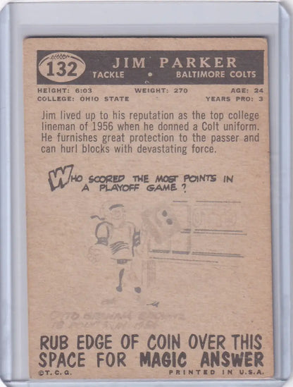 Vintage 1957 Topps Football Card of Jim Parker, Baltimore Colts with trivia question