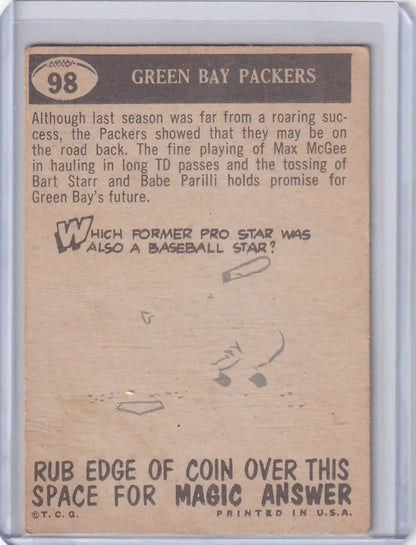 Vintage Topps Football trading card showcasing Green Bay Packers and Packers Pennant