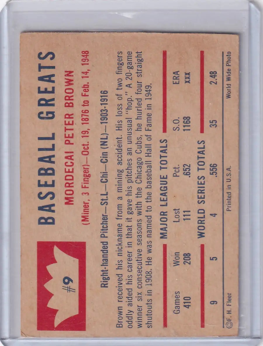 Vintage Fleer Baseball card of Mordecai Brown from 1960 Fleer Baseball #9 series