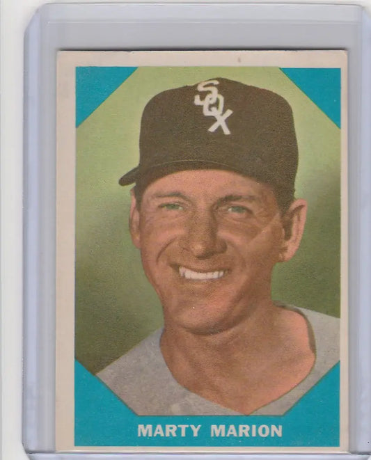 Baseball card of Marty Marion in a Chicago White Sox cap from Fleer Baseball Greats