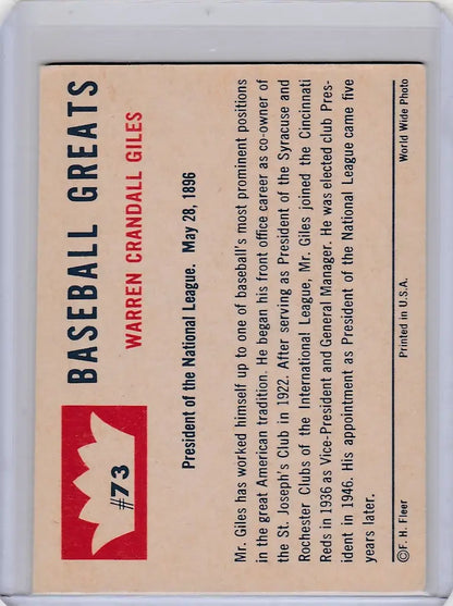 Baseball card of Warren Giles, President of the National League from Fleer Baseball Greats