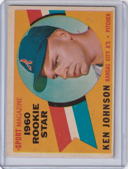 Baseball card of Ken Johnson from the Kansas City Athletics with teal cap and A logo