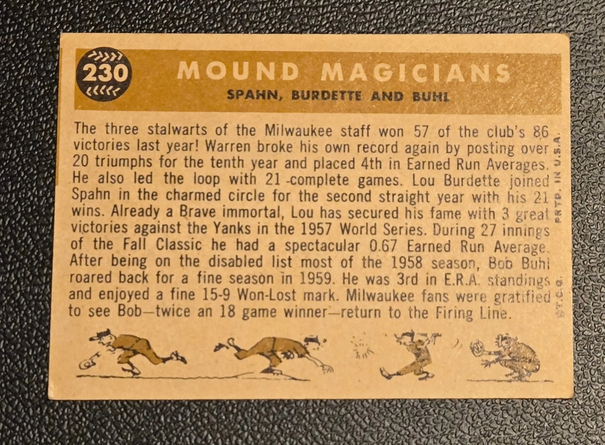 Vintage baseball card of 1960 Topps Mound Magicians featuring Lew Burdette and Warren Spahn