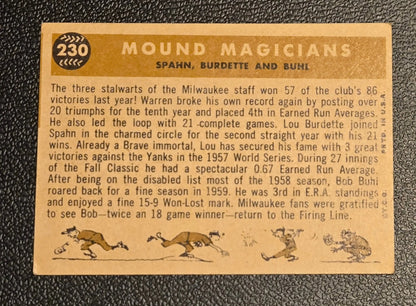 Vintage baseball card of 1960 Topps Mound Magicians featuring Lew Burdette and Warren Spahn