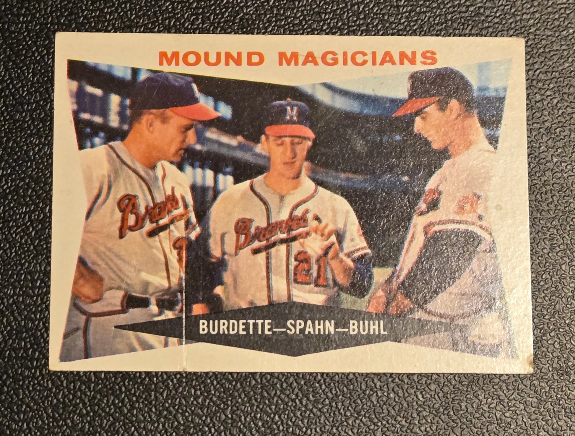 Vintage baseball card featuring 1960 Topps Mound Magicians Lew Burdette and Bob Buhl