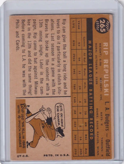Vintage baseball card of Rip Repulski showcasing Los Angeles Dodgers player stats
