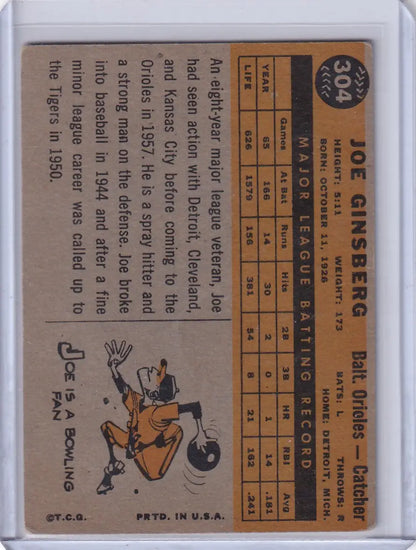 Vintage Joe Ginsberg trading card from 1960 Topps featuring Baltimore Orioles player