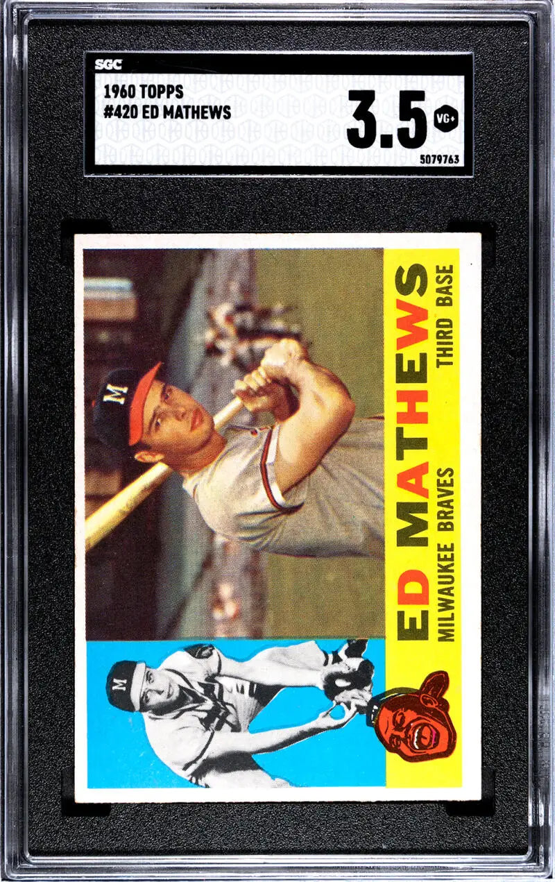 1960 Topps #420 Eddie Mathews Baseball Card in batting pose for Milwaukee Braves fans