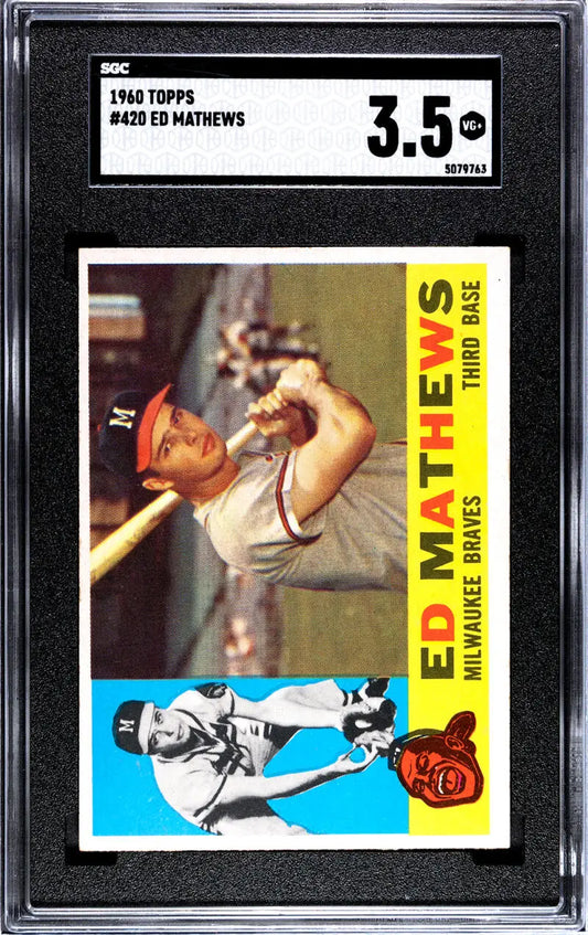 1960 Topps #420 Eddie Mathews Baseball Card in batting pose for Milwaukee Braves fans