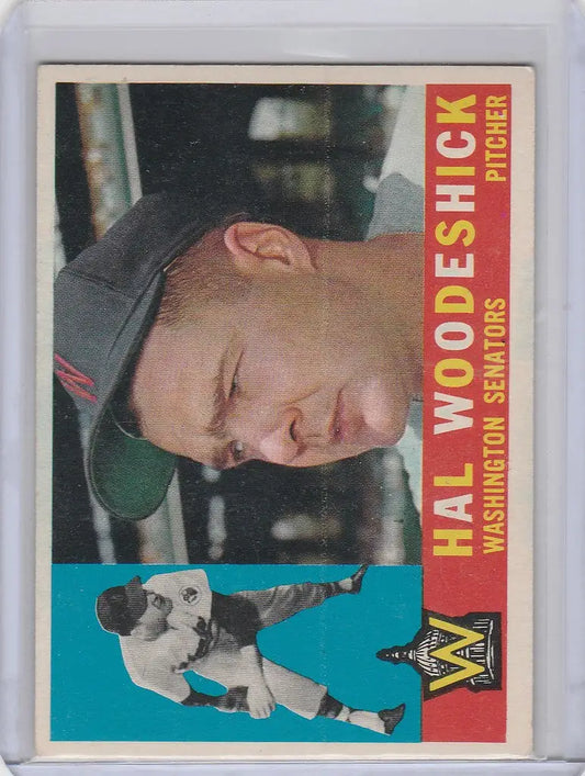 Baseball card of Hal Woodeshick Washington Senators EXMT with action shot in corner