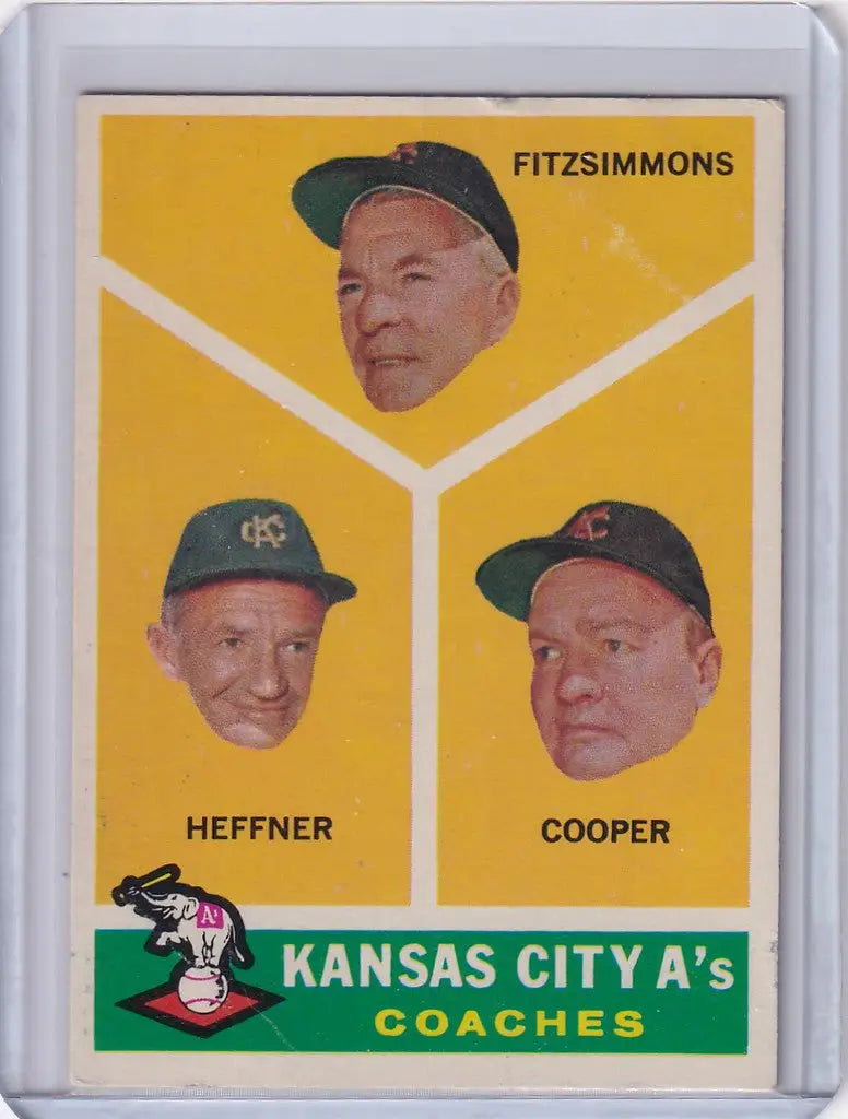 Baseball card of A’s coaches with headshots on a yellow background, 1960 Topps design
