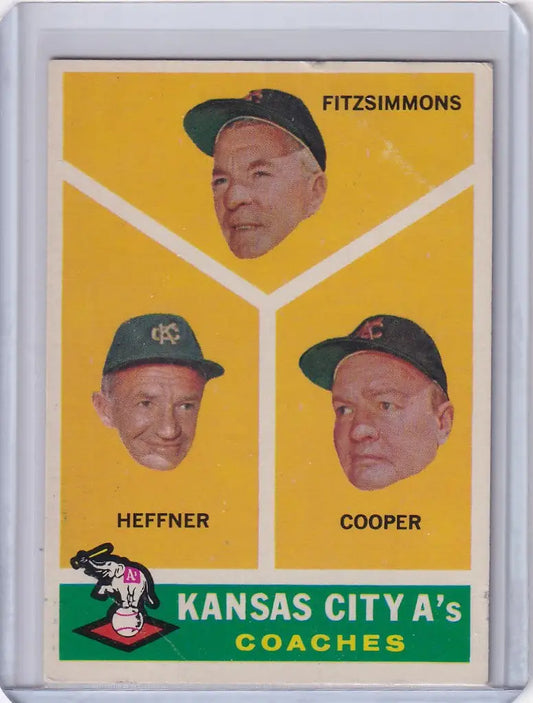 Baseball card of A’s coaches with headshots on a yellow background, 1960 Topps design