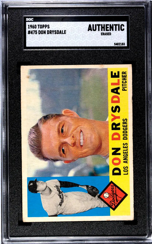 Vintage 1960 Topps Don Drysdale baseball card in protective grading case for baseball history