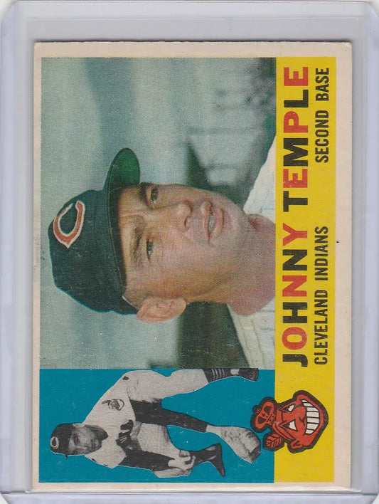 Baseball card of Johnny Temple Cleveland Indians wearing cap with C logo EXMT condition