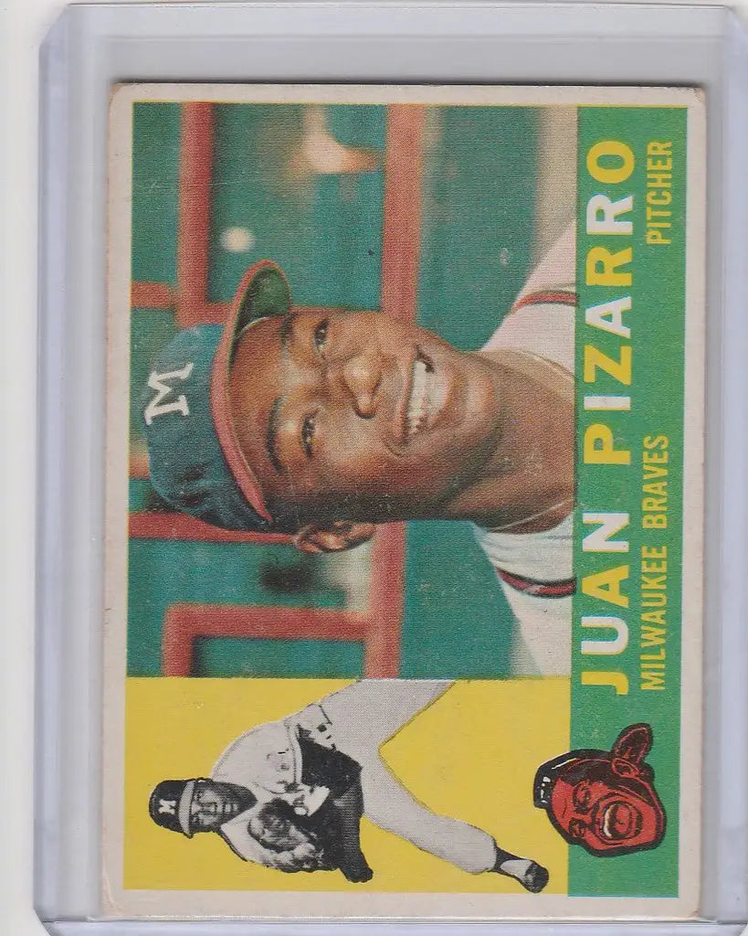 Baseball card of Juan Pizarro smiling in a Milwaukee Braves cap from 1960 Topps