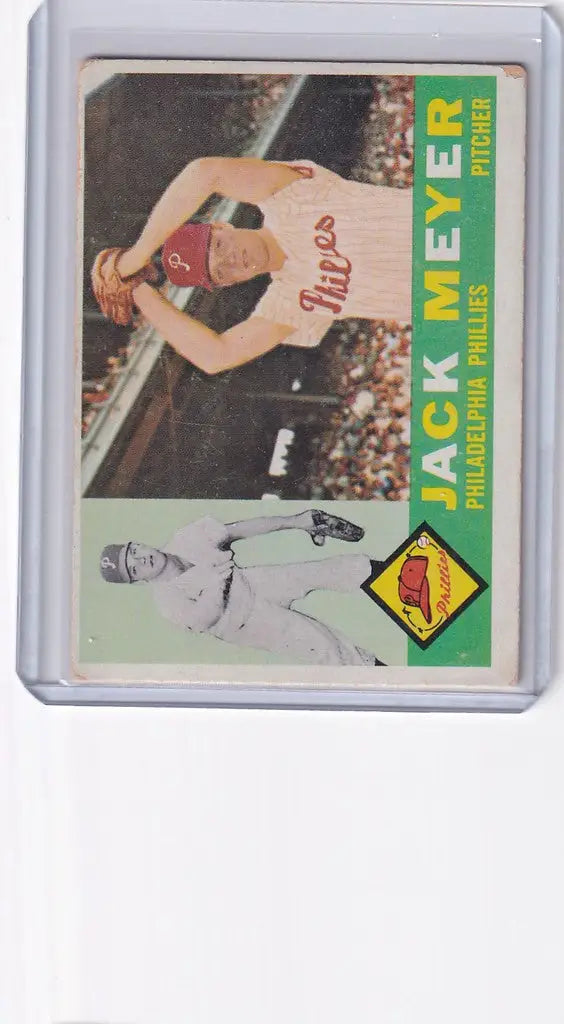 Vintage trading card of Jack Meyer, Philadelphia Phillies pitcher in mid-throw