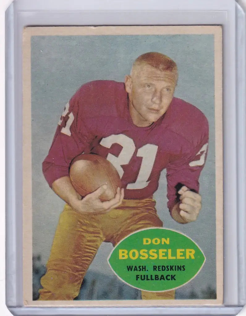 Vintage 1960 Topps Football card of Don Bosseler, Washington Redskins fullback in burgundy jersey