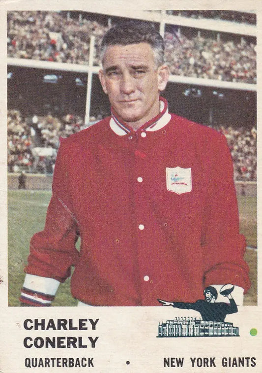 Vintage trading card of Charley Conerly in red jacket for New York Giants collectors