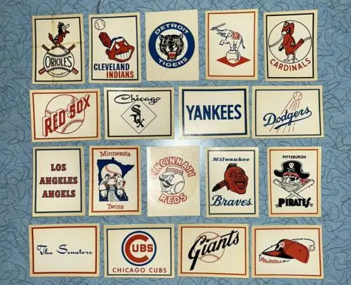 1961 Fleer Baseball Team Logo Decals set showcasing vintage baseball team logo cards