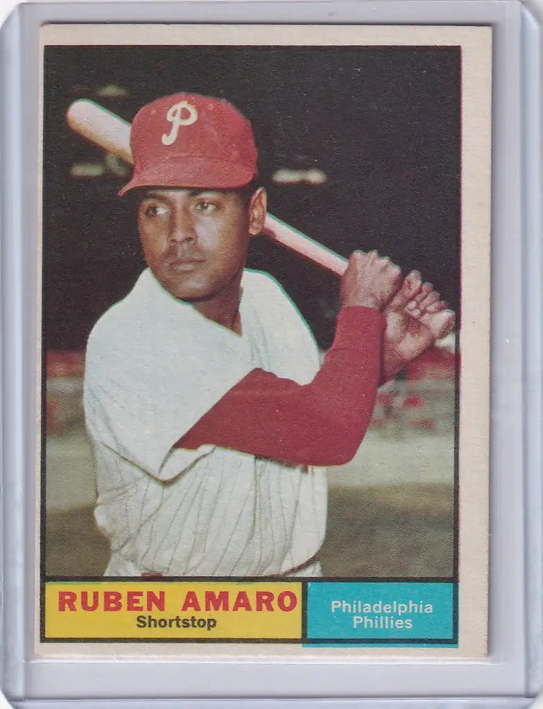 Ruben Amaro in batting stance on 1961 Topps trading card for Philadelphia Phillies