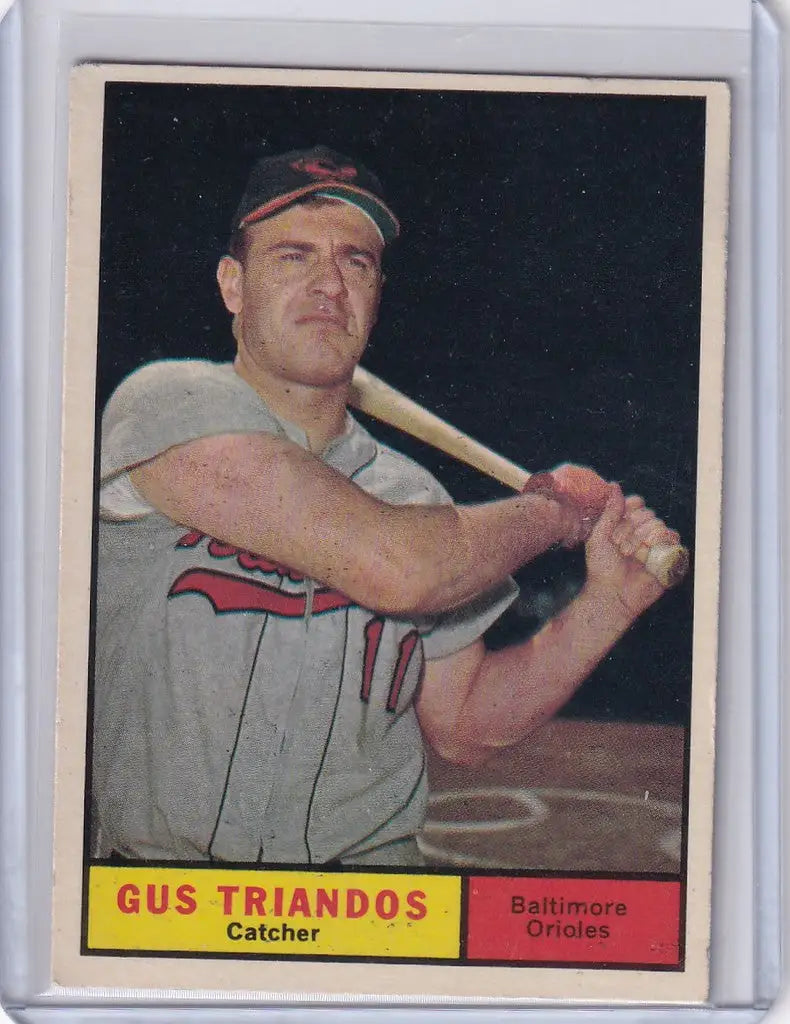 Baseball card of Gus Triandos from the Baltimore Orioles in batting stance