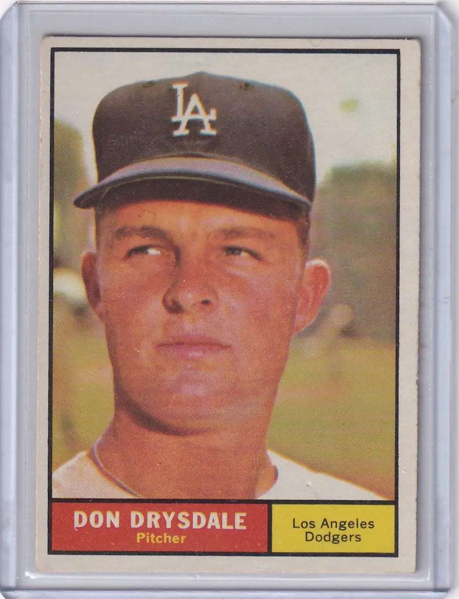 Baseball trading card of Don Drysdale from 1961 Topps featuring Los Angeles Dodgers