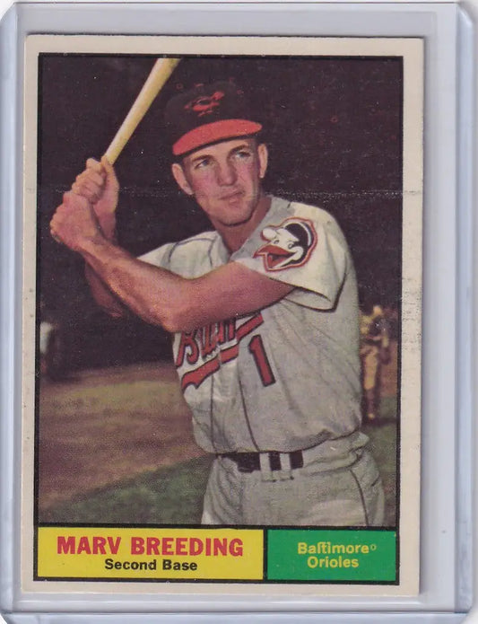 1961 Topps #321 Marv Breeding baseball card featuring Baltimore Orioles player in batting stance