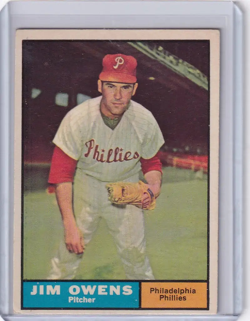 Jim Owens Philadelphia Phillies pitcher baseball card from 1961 Topps #341