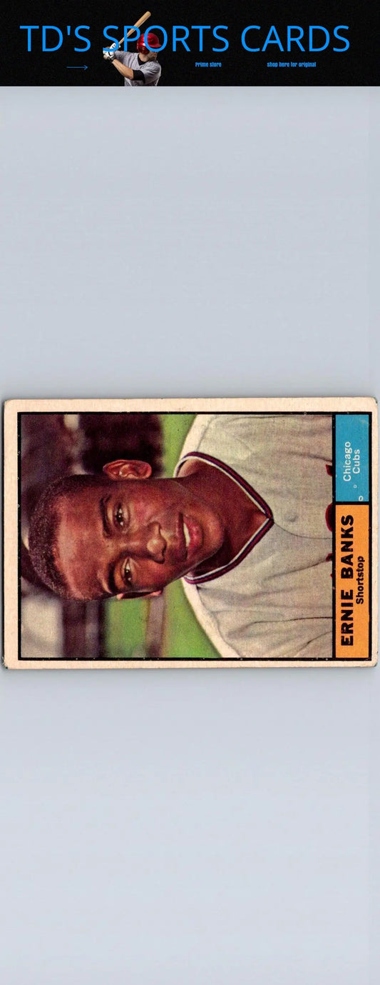 Vintage Ernie Banks baseball card from 1961 Topps #350 featuring legendary player